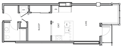 A floor plan of a small apartment with a living room, bedroom, and bathroom.